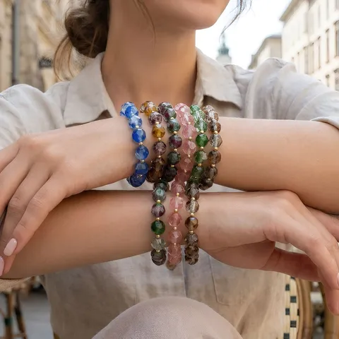 Pulsera de Cuentas de Vidrio de Cristal Facetado de Lujo Chapado en Oro Color Múltiple Irregular Geométrico Pulsera de Dijes para Mujer Joyería Regalo