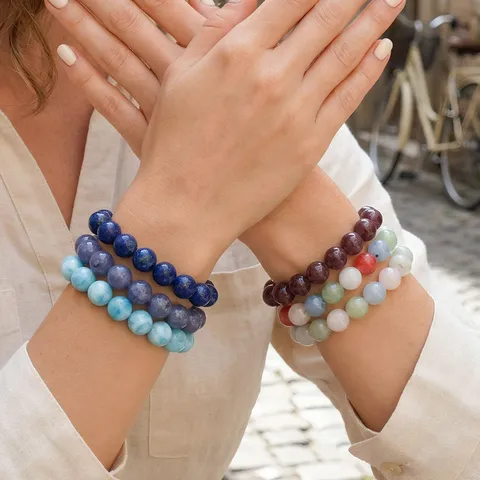 Vintage Semi Precious Stone Beaded Elastic Bracelet For Women Morandi Color Geometric Round Beads Stacking Strand Hand Jewelry Vacation Gift