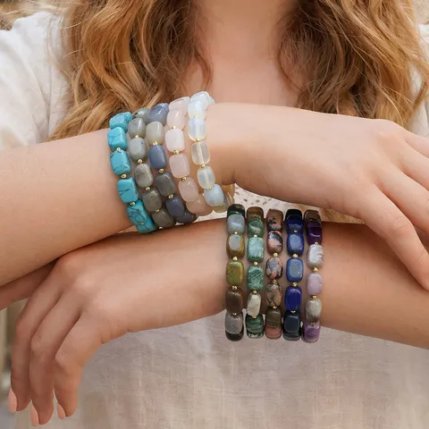 Handmade Irregular Block Semi-Precious Stone Bracelet With Copper Beads Minimalist Retro Stacking Natural Stone Bracelet For Women