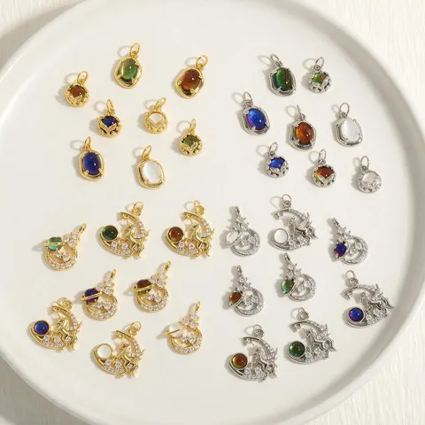 18K Verguld Koperen Irriserende Edelsteen Charms Met Zirconia Eenhoorn Ster Maan Blad Hangers Voor DIY Ketting Armband Sieraden Maken Accessoires