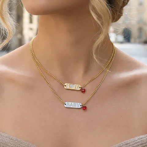 Euro-American Copper Rhinestone Letter Bar Pendant Necklace Heart Charm Choker Clavicle Chain Fashion Daily Jewelry Gift For Women