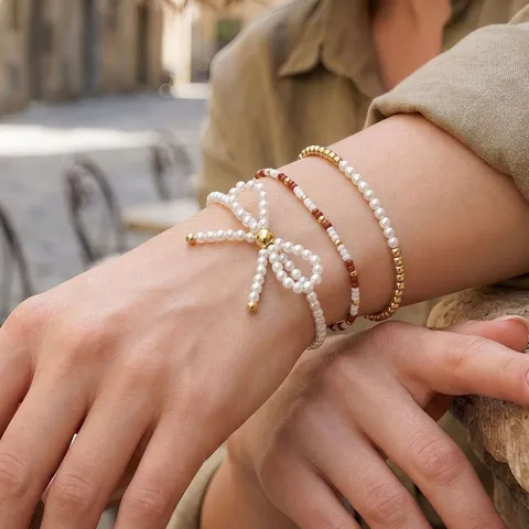 Retro Bohemian Alloy Seed Bead Stackable Bracelet Handmade Bowknot Artificial Pearl Beaded Strand Bracelet Sets For Women Girl Elegant Jewelry Charm Gift