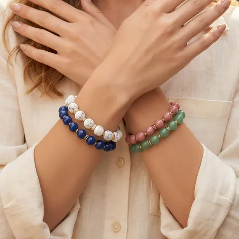 Vintage Natural Stone Beaded Stretch Bracelet For Men Women Bohemian Semi-Precious Round Beads Handmade Charm Strand Bracelet Lightweight Couple Wrist Jewelry