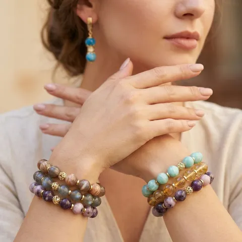 Vintage Naturstein Perlen Schmuck Set Für Damen Herren Kupfer Hohl Geometrisch Armband Ohrringe Zart Mehrfarbig Handgefertigt Kristall Schmuck Geschenk