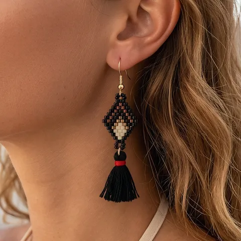 Bohemian Handmade Woven Glass Seed Beads Tassel Drop Earrings For Women Western Ethnic Geometric Argyle Fringe Ear Jewelry