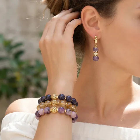Vintage Naturstein Perlen Schmuck Set Für Damen Herren Kupfer Hohl Geometrisch Armband Ohrringe Zart Mehrfarbig Handgefertigt Kristall Schmuck Geschenk