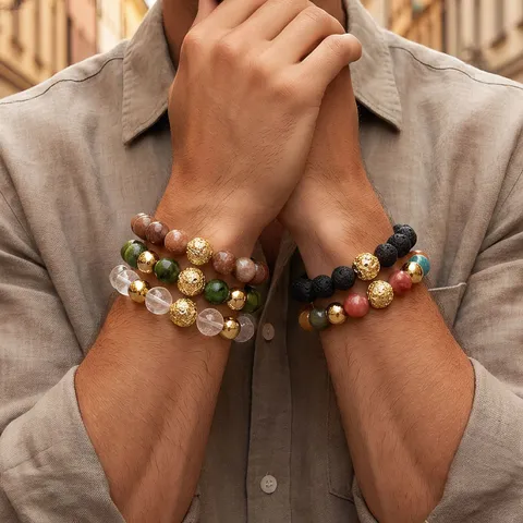 Vintage Semi Precious Stone Beaded Bracelet Men Women Chinese Style Geometric Round Beads Elastic Cord Strand Charm Bracelets Jewelry