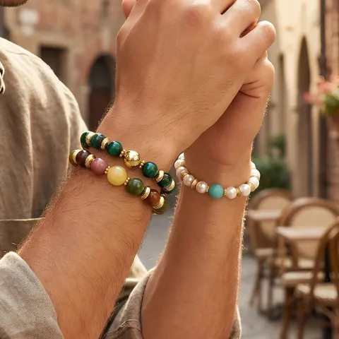 Vintage Halbedelstein Kralen Armband Elastisch Koord Geometrisch Kunstparel Koper Verguld Luxe Strand Charme Polsband Unisex Sieraden