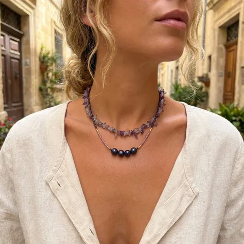 Vintage Semi-Precious Stone Natural Amethyst Gravel Beaded Choker Necklace For Women Artificial Pearl Miyuki Seed Bead Necklace Retro Choker Jewelry Gift