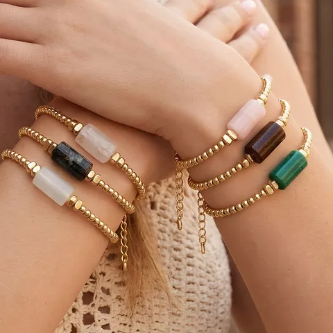 New Chinese Artistic Vintage Natural Crystal Stone Irregular Beaded Bracelet Adjustable Copper Gold Bead Chain Multilayer Stackable Hand Jewelry For Women