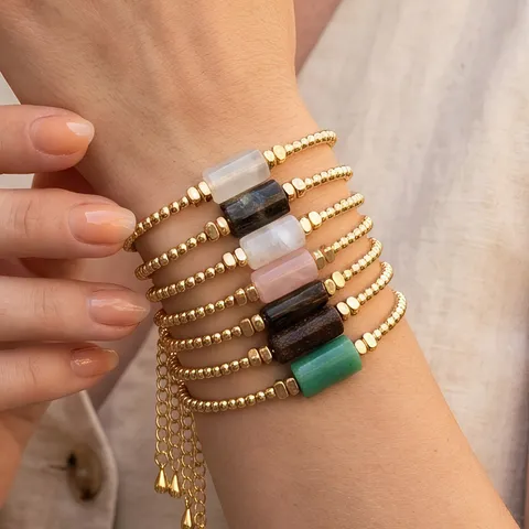 New Chinese Artistic Vintage Natural Crystal Stone Irregular Beaded Bracelet Adjustable Copper Gold Bead Chain Multilayer Stackable Hand Jewelry For Women