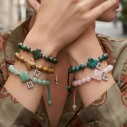 Vintage Handgeweven Kralen Armband Voor Vrouwen Halbedelsteen Strass Klavertje Vier Verstelbare Charm Armband Cadeau