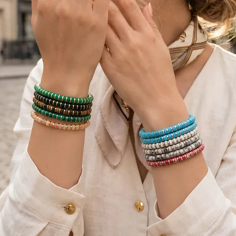 Bohemian Retro Copper Beaded Elastic Cord Bracelet Vintage Geometric Charm Strand Bracelet For Women Men Everyday Daily Jewelry Gift