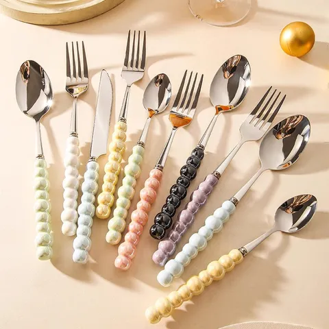 Stainless Steel Western Tableware Set Luxury Cutlery Set With Ceramic Pearl Handle Dinner Knife Fork Spoon