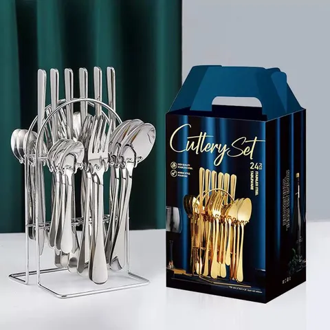 Set di Stoviglie Occidentali in Acciaio Inossidabile Lusso Posate Coltello Forchetta Cucchiaio Con Scaffale di Stoccaggio Scatola Regalo