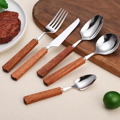 Japanese Style Wooden Handle 304 Stainless Steel Dinner Spoon Fork Knife Elegant Kitchen Dining Flatware