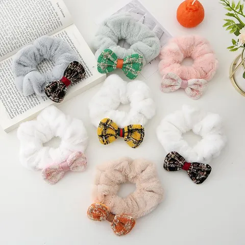 Autumn Winter Plush Scrunchie Elegant Plaid Bowknot Hair Tie Soft Elastic Ponytail Holder Hair Accessories For Women