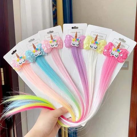 Kids Unicorn Cartoon Hair Clip With Gradient Colorful Synthetic Wig Long Hairpiece Sequins Bow Alligator Hair Extension For Girls