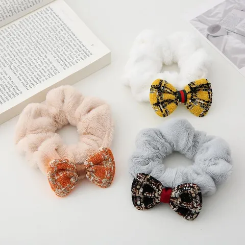 Autumn Winter Plush Scrunchie Elegant Plaid Bowknot Hair Tie Soft Elastic Ponytail Holder Hair Accessories For Women