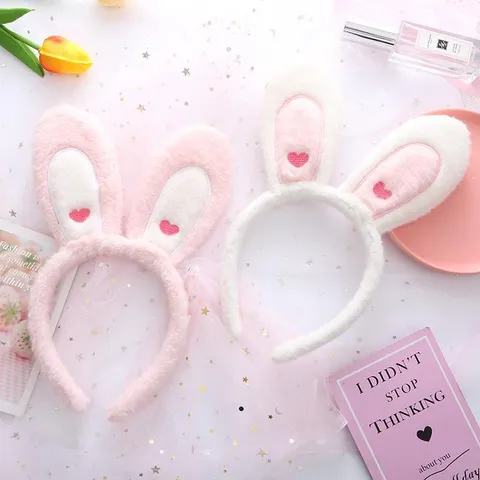 Cute Plush Rabbit Ears Headband Sweet Cartoon Bowknot Animal Hairband Plaid Embroidery Heart Headwear For Makeup Face Wash Women Hair Accessories