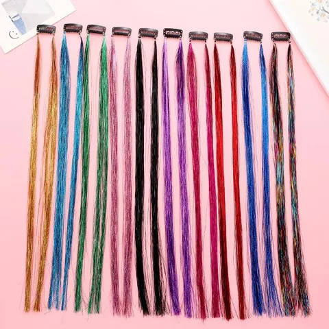 Extensions de Cheveux Scintillantes en Filaments Laser PET Paillettes Pièces d'Extension Avec Clips Métalliques Mèches Brillantes Pour Fête