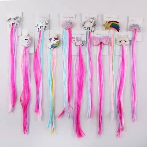Barrettes Cheveux Enfant Dessin Animé Licorne Arc-en-ciel Nœud Papillon Tissu Étoile Pince Crocodile Extensions Cheveux Longs Colorés