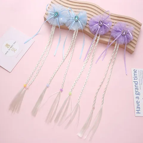 Princess Style Girls Wig Hair Clips Mesh Bowknot Rhinestone Long Braid Hairpins Kids Dress Up Costume Hair Accessories