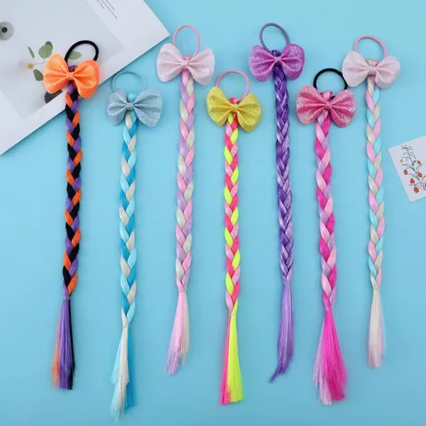 Extension per Capelli a Treccia Colorata per Bambini Con Fiocco Parrucca a Coda di Cavallo Intrecciata Sintetica Elastici per Capelli da Ragazza