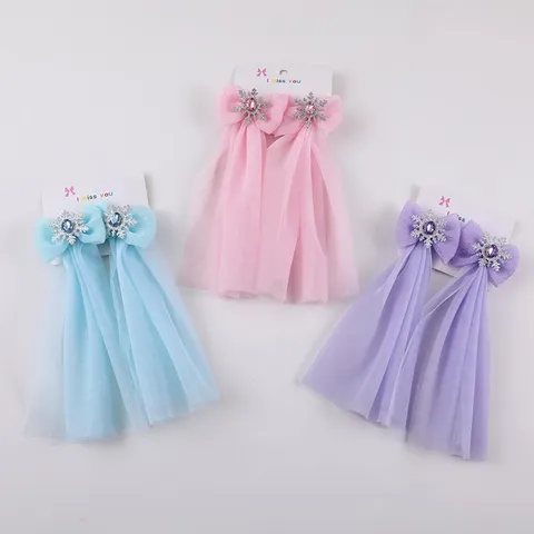 Princess Mesh Tulle Bowknot Hair Clips With Rhinestone Snowflake For Girls Kids Long Veil Tassel Hairpins Sweet Headwear Photography Props
