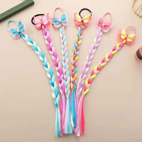 Kinderen Zoet Gekleurde Pruik Vlechten Paardenstaart Haarelastiek Glitter Vlinder Strik Elastische Haarbanden Voor Meisjes Dagelijks Gebruik Accessoires