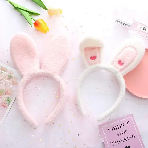 Cute Plush Rabbit Ears Headband Sweet Cartoon Bowknot Animal Hairband Plaid Embroidery Heart Headwear For Makeup Face Wash Women Hair Accessories