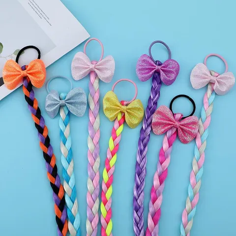 Extension per Capelli a Treccia Colorata per Bambini Con Fiocco Parrucca a Coda di Cavallo Intrecciata Sintetica Elastici per Capelli da Ragazza