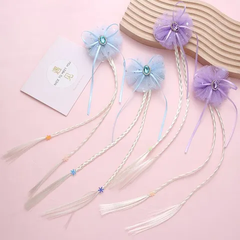 Princess Style Girls Wig Hair Clips Mesh Bowknot Rhinestone Long Braid Hairpins Kids Dress Up Costume Hair Accessories