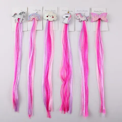 Barrettes Cheveux Enfant Dessin Animé Licorne Arc-en-ciel Nœud Papillon Tissu Étoile Pince Crocodile Extensions Cheveux Longs Colorés