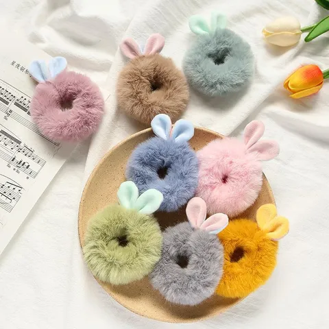 Cute Plush Rabbit Ears Hair Ties For Women Girls Fluffy Scrunchies Sweet Cartoon High Elasticity Handmade Hairband Ponytail Holder Accessories