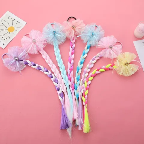 Kids Colorful Wig Braids Hair Ties Cute Girls Mesh Bowknot Rhinestone Rubber Bands Princess Party Decoration Braided Hair Accessories