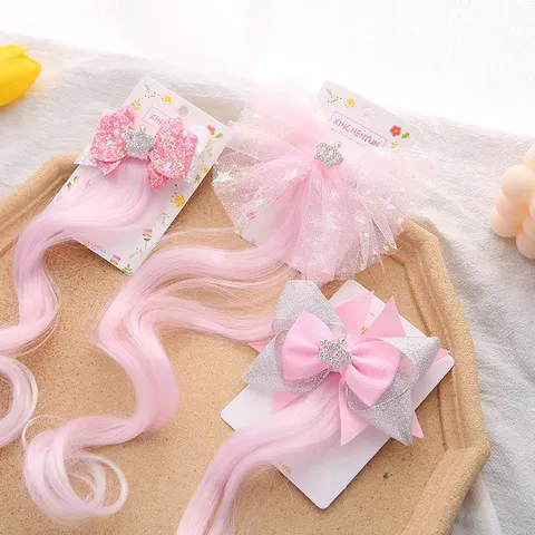 Pince à Cheveux Perruque Princesse Enfants Épingles à Cheveux Nœud Papillon Maille Avec Couronne de Strass Extension Cheveux Bouclés Fête