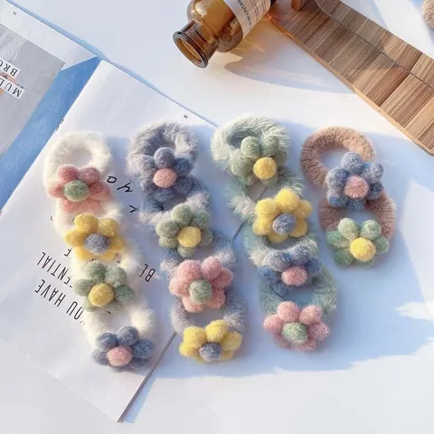 Sweet Plush Flower Hair Ties Cute Candy Color Fuzzy Scrunchies Elegant Floral Elastic Ponytail Holders Hair Accessories For Women Girls