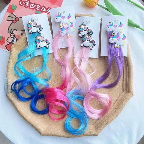 Kids Cartoon Unicorn Hair Clips With Gradient Colored Long Braids Synthetic Fake Hair Extension Pins For Girls Birthday Party Costume Hair Ornaments