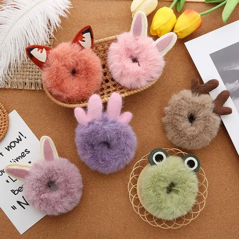 Cute Plush Animal Ears Antler Hair Ties Sweet Handmade Fuzzy Scrunchies Cartoon Ponytail Holders Fashion Hair Accessories For Girls Women Daily Outfits