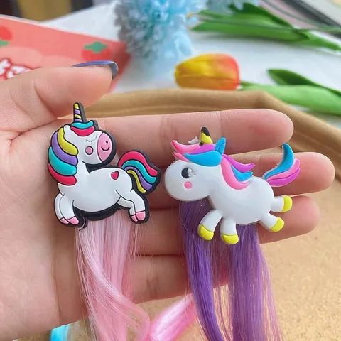 Kids Cartoon Unicorn Hair Clips With Gradient Colored Long Braids Synthetic Fake Hair Extension Pins For Girls Birthday Party Costume Hair Ornaments