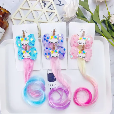 Pince à Cheveux Enfants Dessin Animé Licorne Nœud Paillettes Épingle Extension de Cheveux Dégradé de Couleur Longue Perruque Bouclée pour Filles Anniversaire Fête Accessoires