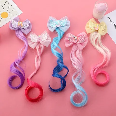 Kids Gradient Color Wig Curly Hair Clip Mermaid Bow Sequin Extension Hairpin For Girls Festival Party Dress Up Props