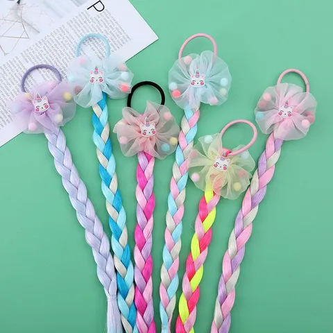 Corda per Capelli con Trecce di Parrucca di Unicorno dei Cartoni Animati per Bambini Ragazze Fiocco in Maglia Estensioni Sintetiche Colorate Accessori per Capelli da Festa Quotidiana