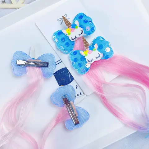 Pince à Cheveux Enfants Dessin Animé Licorne Nœud Paillettes Épingle Extension de Cheveux Dégradé de Couleur Longue Perruque Bouclée pour Filles Anniversaire Fête Accessoires