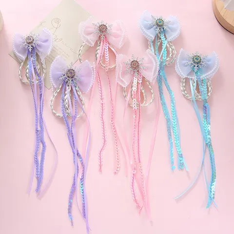 Princesse Fibre Synthétique Tresse de Perruque Pince à Cheveux Tissu Nœud Strass Ruban à Franges Flocon de Neige Épingles à Cheveux Enfants Fête