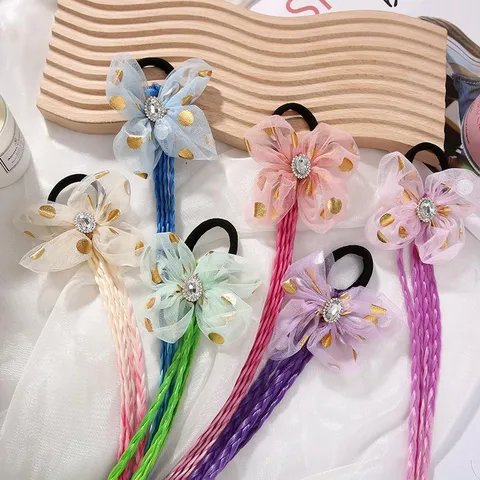 Accessori per Capelli con Treccia di Parrucca Sfumata da Principessa per Bambini Elastico per Capelli con Fiocco in Rete e Strass per Ragazze