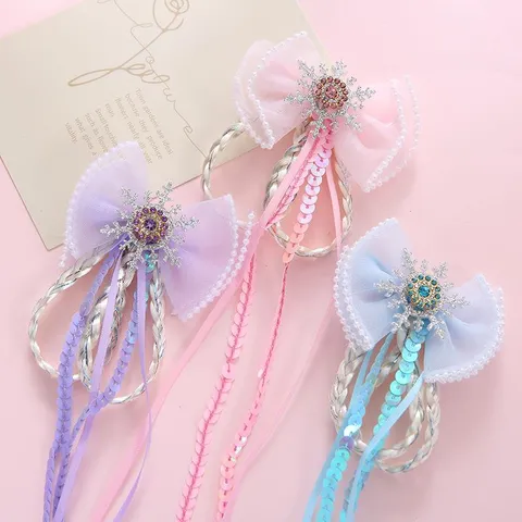 Princesse Fibre Synthétique Tresse de Perruque Pince à Cheveux Tissu Nœud Strass Ruban à Franges Flocon de Neige Épingles à Cheveux Enfants Fête