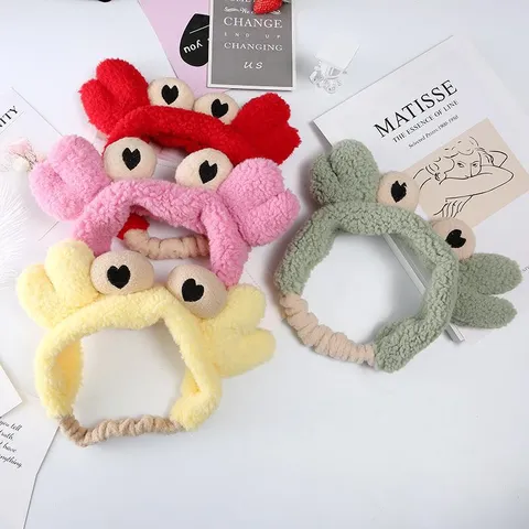 Cute Cartoon Crab Plush Headband Soft Coral Fleece Face Wash Makeup Hair Band Wide Elastic Head Buckle Animal Hair Accessories