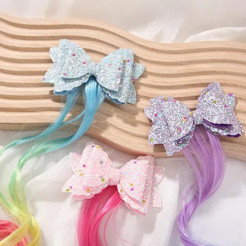 Kids Cute Glitter Bowknot Hair Clip With Gradient Colorful Synthetic Wig Extensions Princess Hair Accessories For Girls Party Decor